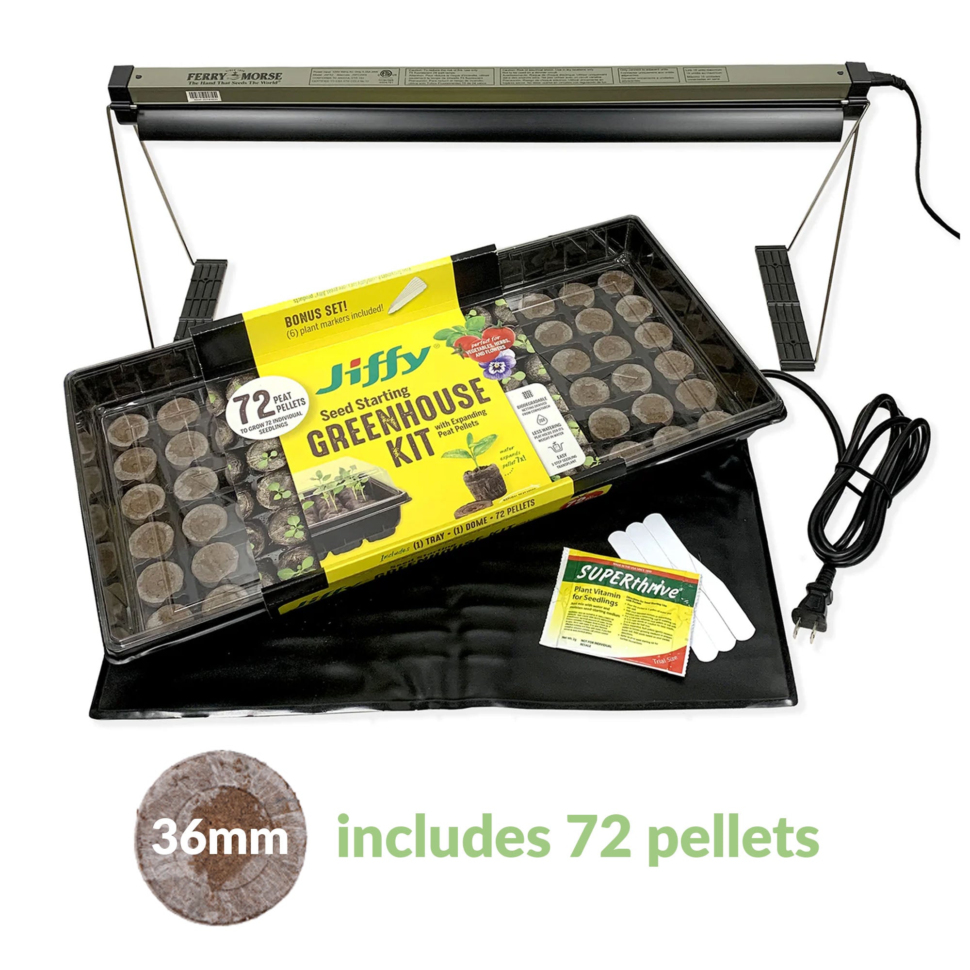 Indoor growing seed starting kit which includes a grow light, heat mat, and pellet greenhouse with seeds.
